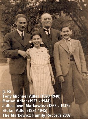 Three grandchildren of Julius and Regina Markowicz: Tony, Michael Adler (1920 - 1948), Marion Adler (1927 - 1944), Stefan Adler (1924 - 1945). Photo c. 1937, Breslau, Poland, just before the Adler family left to Italy.
